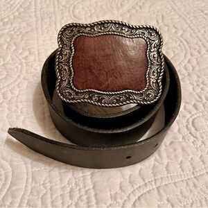 Wide Black Leather Rodeo Buckle Belt w/Silver Metal Frame & Brown Leather Inset